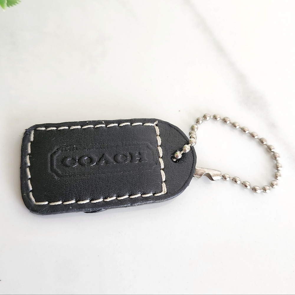 Vintage Coach Black Leather Keychain Tag Silver Ball Chain Logo Fob 3" Y2K